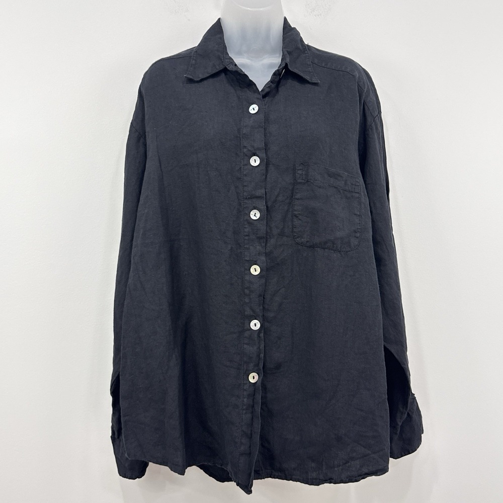 Bryn Walker 100% Linen Top XXL Black Lagenlook Boho USA Button Up Tunic Chic